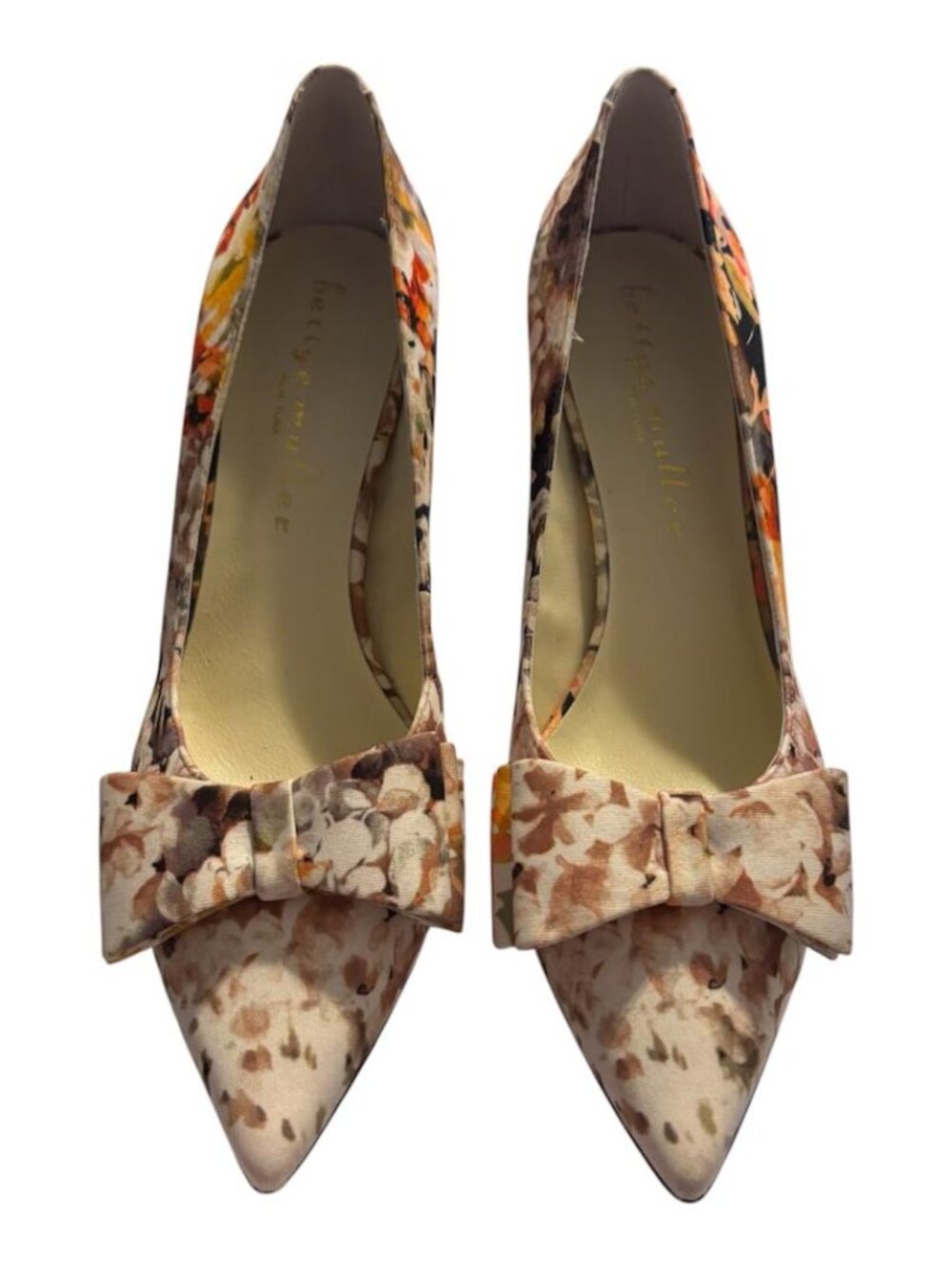 Bettye Muller Orange Brown Bow Watercolor Floral Pointed Toe Pump Heels Size 7